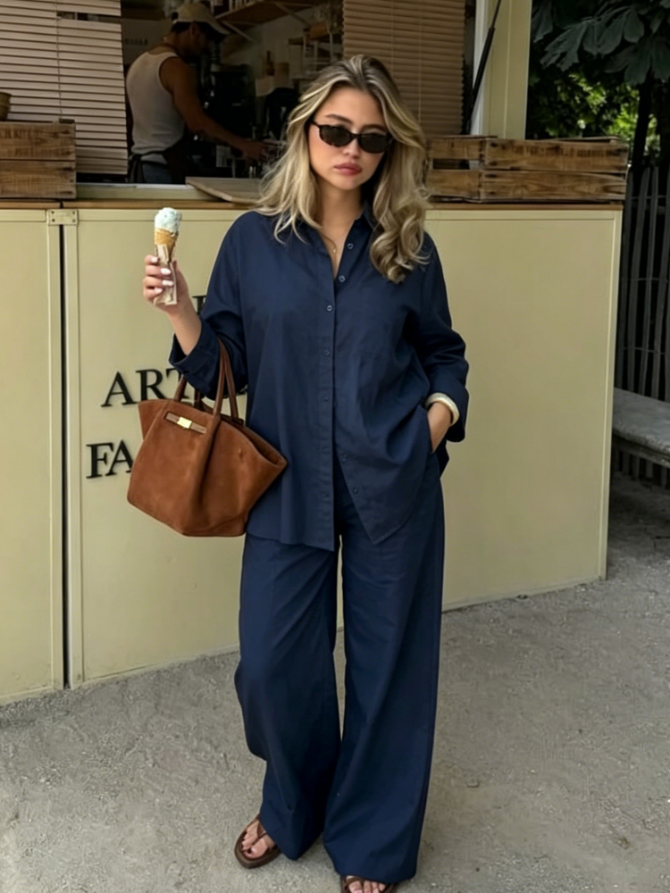 Ensemble décontracté chemise et pantalon pour femme, col rabattu simple boutonnage, haut et pantalon large taille haute, collection Printemps-Été 2026