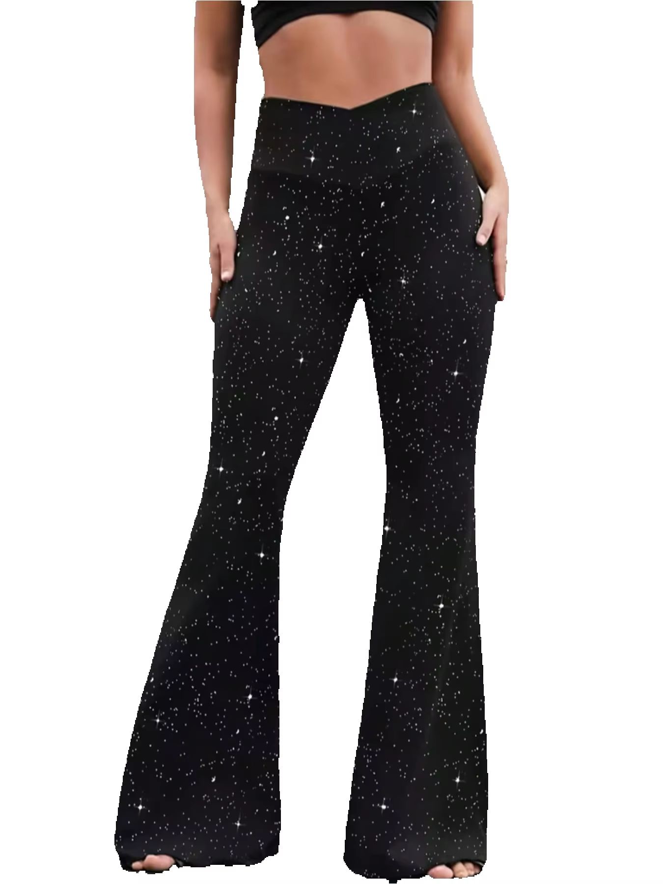Pantalon long évasé à taille cintrée, confortable et décontracté, couleur unie, avec sequins, élégant pour femme