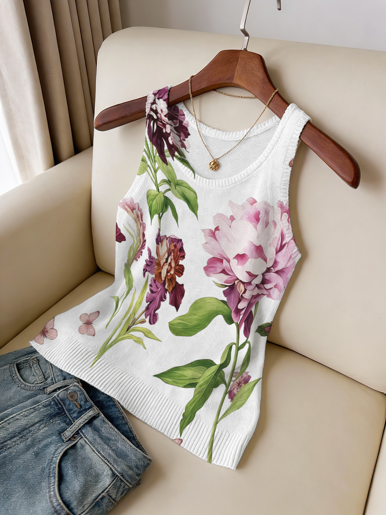 Débardeur d'été à imprimé floral pour femme - Gilet décontracté sans manches en maille, camisole botanique esthétique respirante pour la randonnée en extérieur