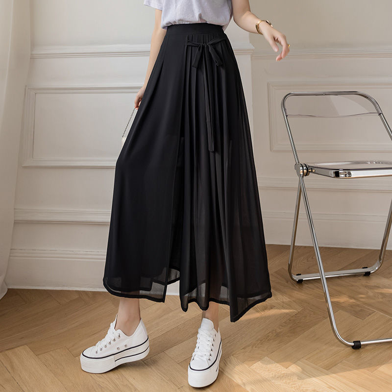 Jupe-pantalon plissée en mousseline de soie pour femme, vêtement léger et décontracté, taille haute, jambes larges, mode coréenne, Harajuku