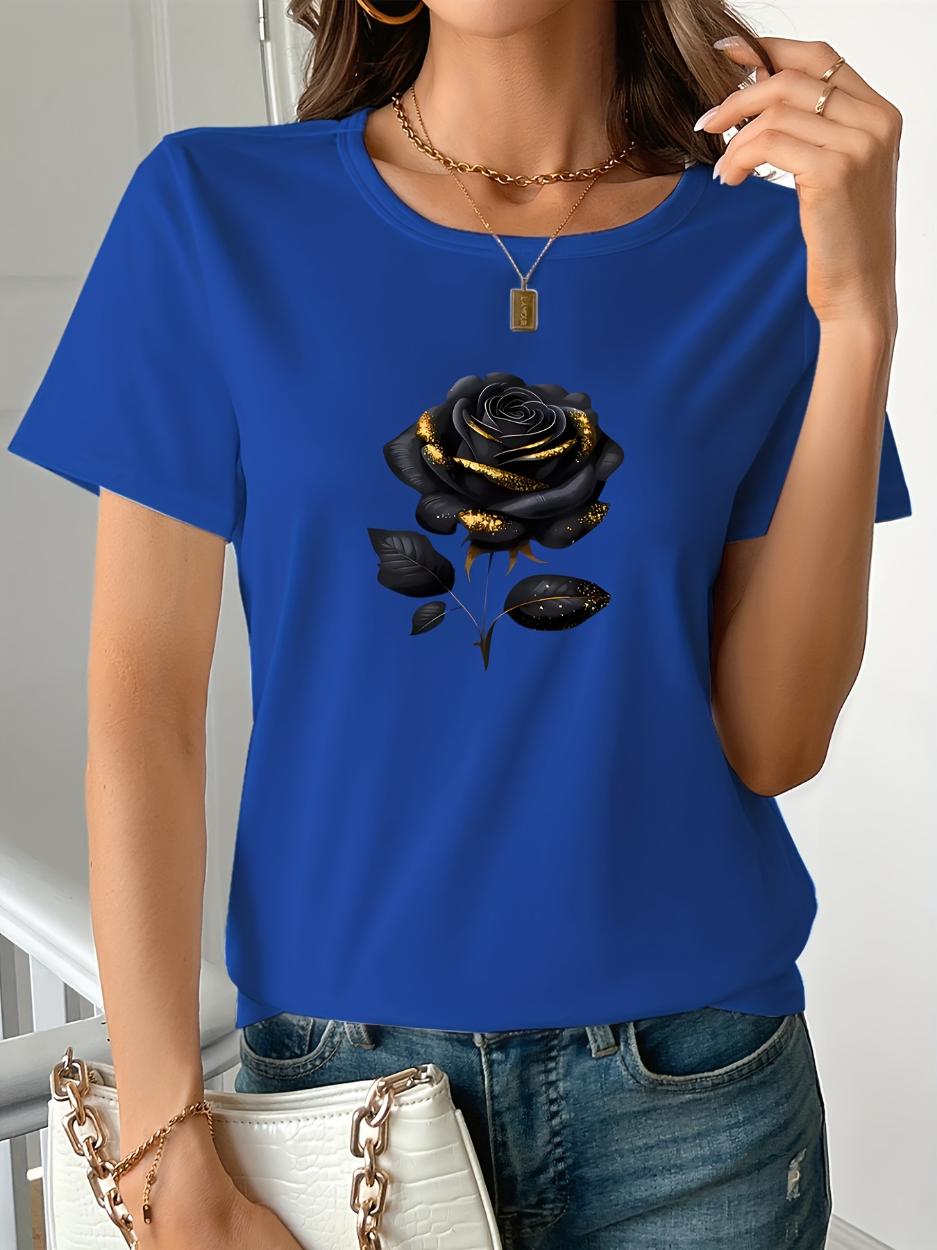 T-shirt noir surdimensionné pour femmes, grande taille, avec imprimé rose élégant, mode Harajuku Kawaii, vêtements Y2K pour femmes