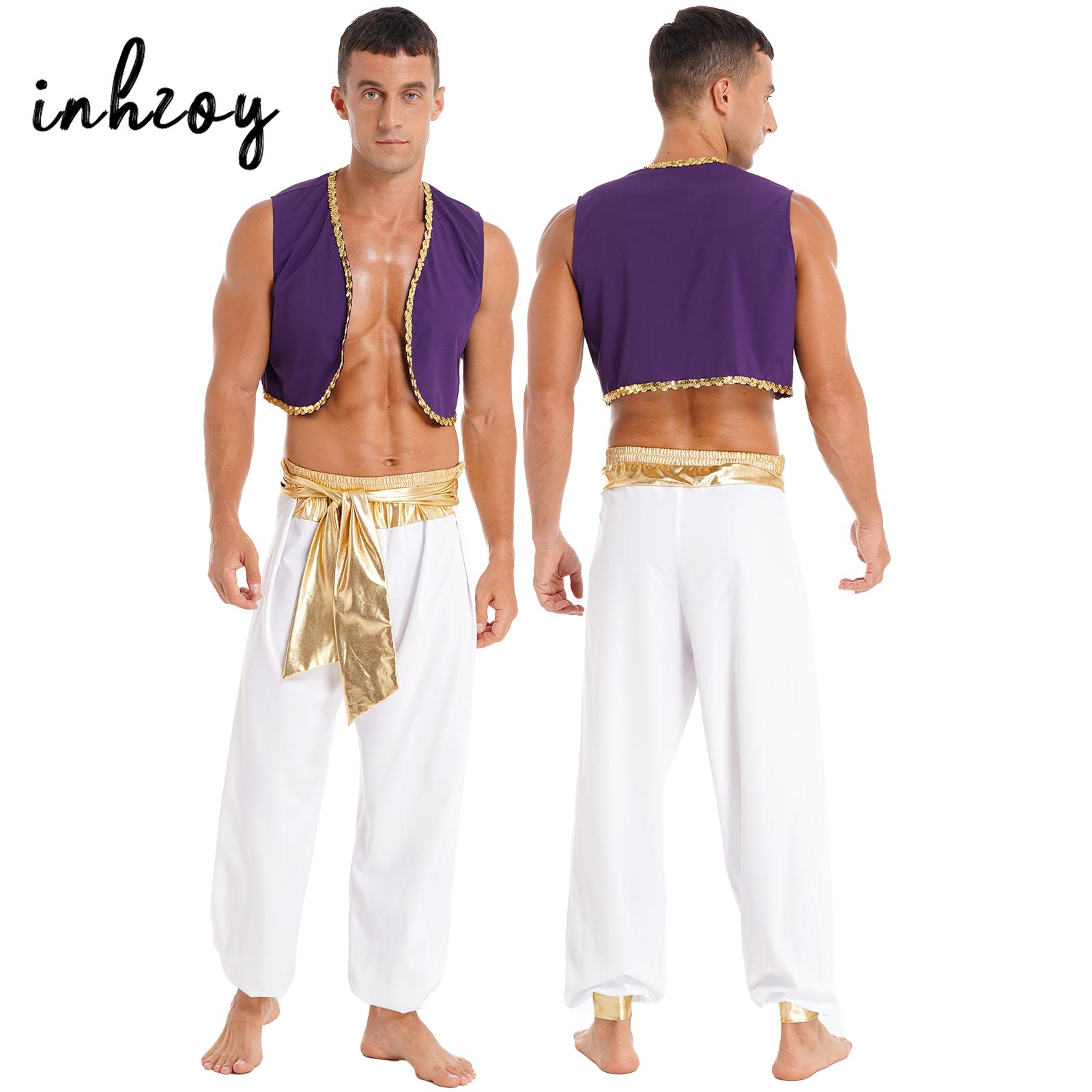 Costume de Prince arabe d'halloween pour hommes, robe fantaisie de fête des Aladines mythiques, tenue de Cosplay, gilet à paillettes avec pantalon ceinturé