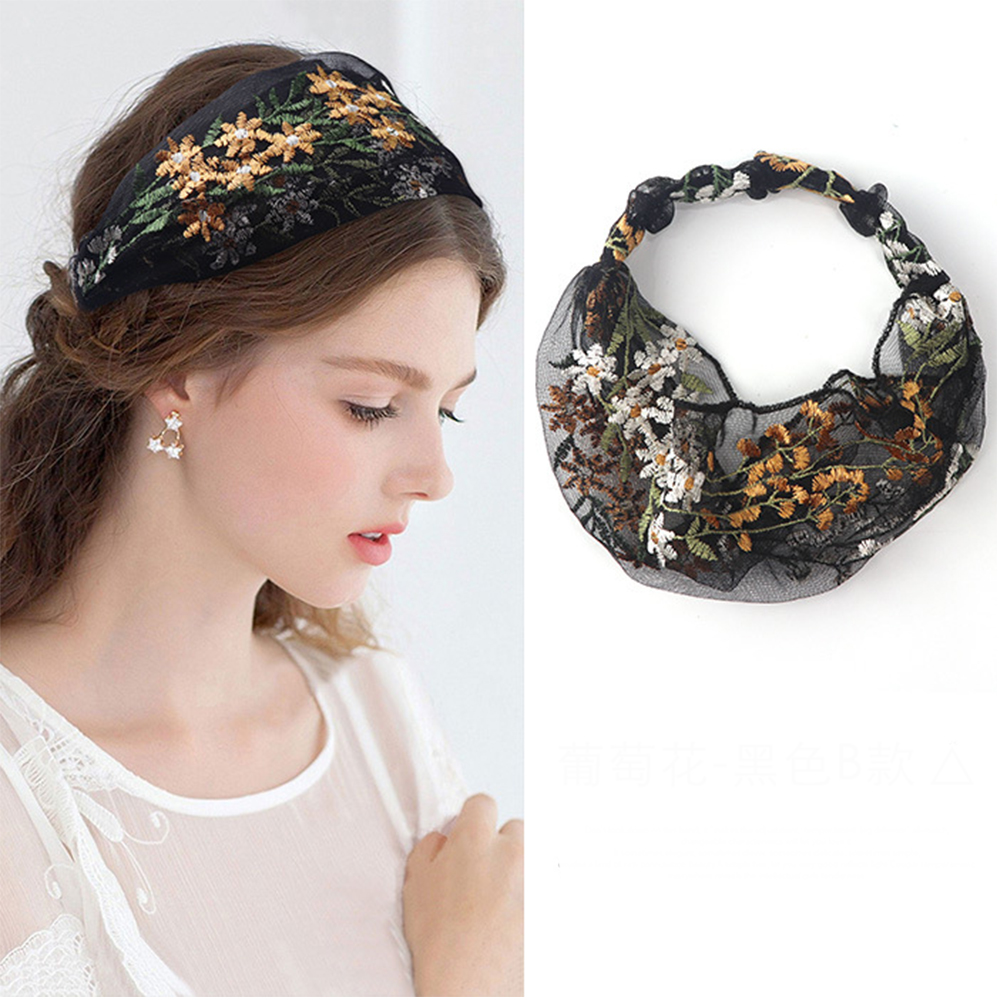 Serre-têtes élastiques pour femmes, brodés de dentelle florale, en mousseline, avec nœuds croisés, accessoires pour cheveux