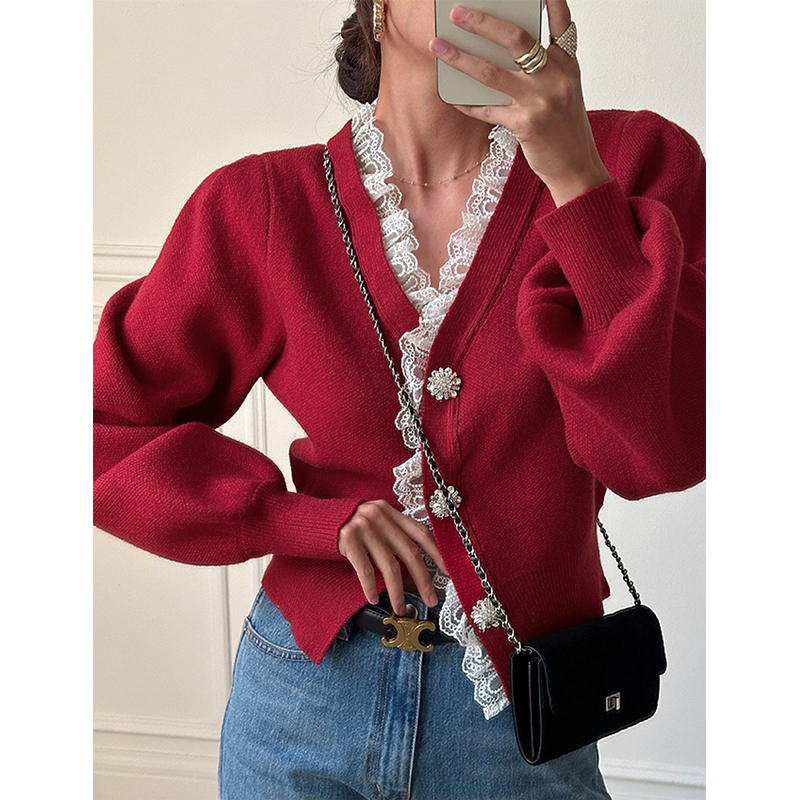 Vintage rouge tricoté Cardigan femmes recadrée dentelle noir pull d'extérieur élégant coréen col en V tricots hiver Design pulls