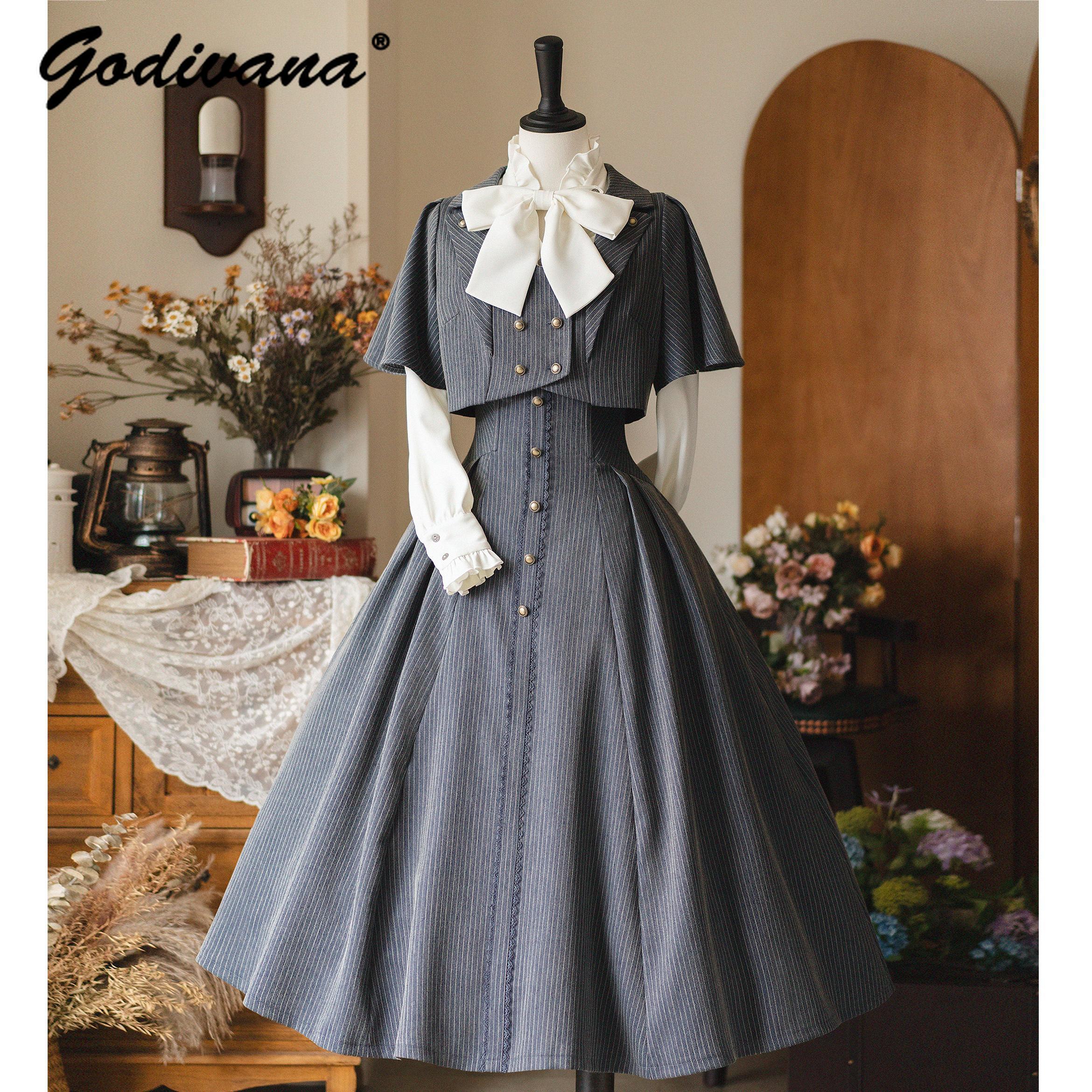 Ensemble jupe rétro Original pour femmes, nouvelle collection printemps, col montant, chemise à manches longues, petit manteau Cape, jupe longue classique élégante