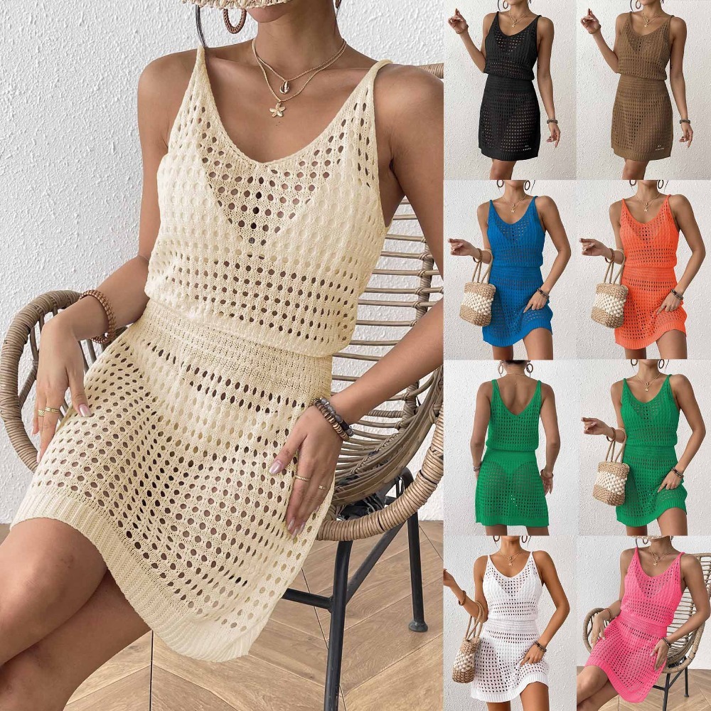 Nouvelle Robe de Plage Femme à Bretelles Fines et Découpes, Taille Élastique, Tricotée, Mini Cache-Maillot de Bain
