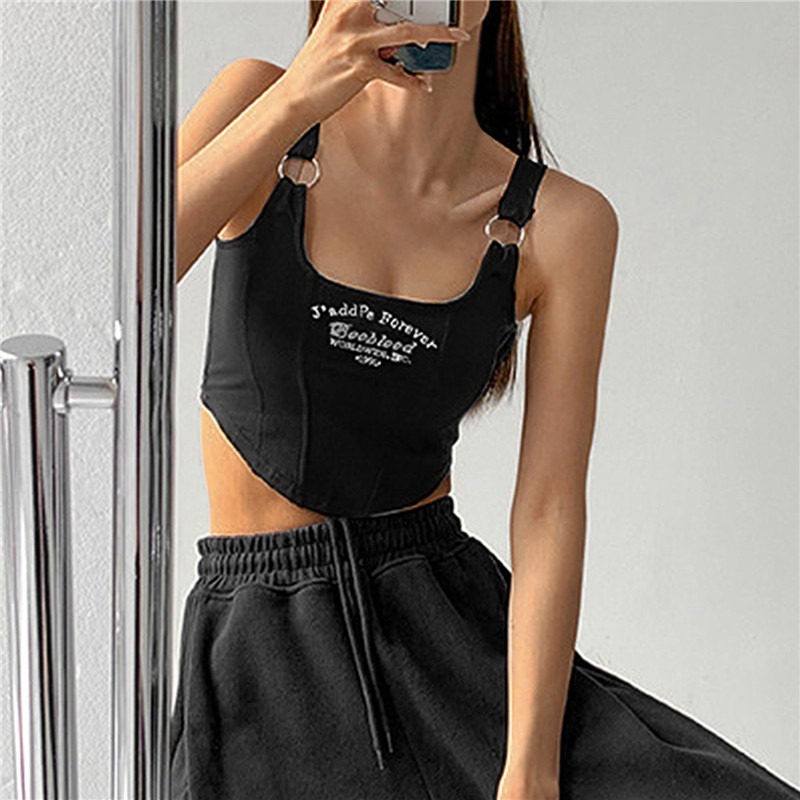 Débardeur avec lettres brodées pour femmes, avec coussinet de soutien-gorge, Camis décontracté Y2K, haut court pour femmes, ceinture d'épaule, anneau en fer