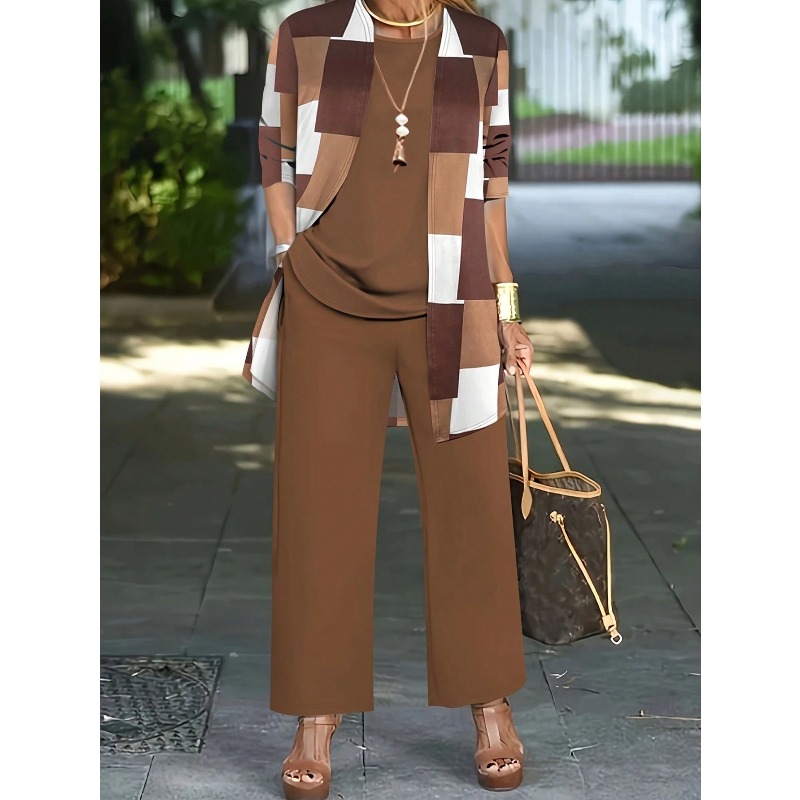 Grande taille nouvelles femmes trois pièces couleur bloquée imprimé ensemble à manches longues Cardigan & débardeur et pantalons longs femmes tenue ensembles