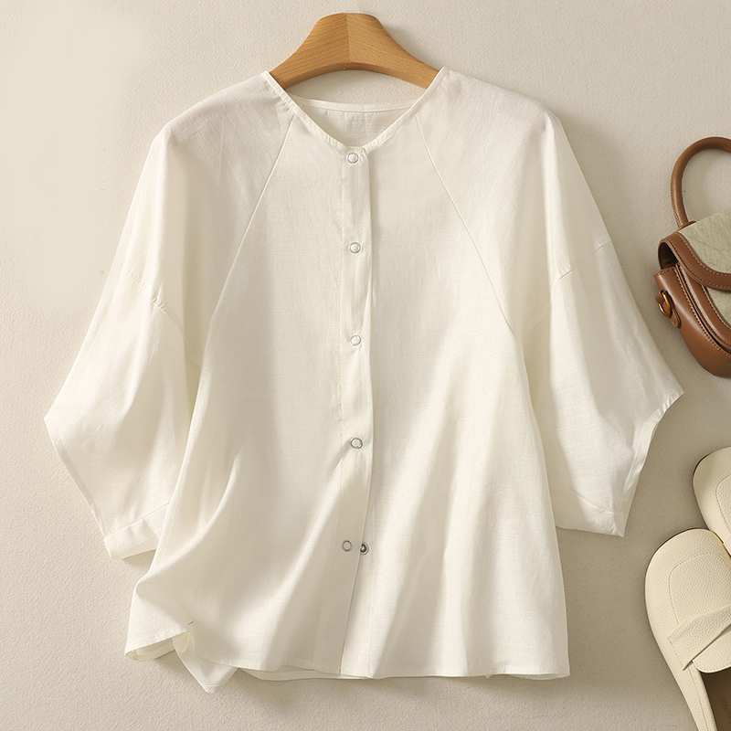 Chemise chauve-souris en coton chemisier femme été nouveau design de mode coréenne sens tempérament élégant ample décontracté col rond cardigan chemise