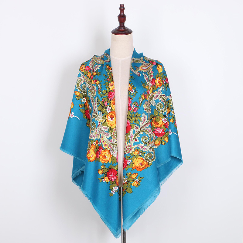 Écharpe carrée de grande taille pour femmes russes, Bandana de luxe à imprimé Floral, châle National rétro à pompon court