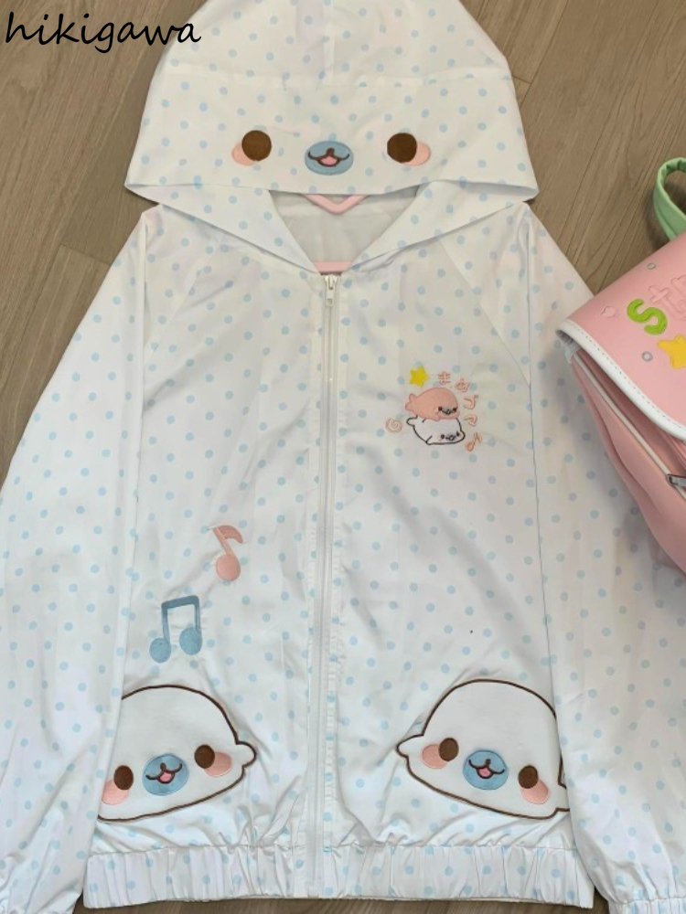 Manteaux mignons japonais à imprimé dessin animé, vêtements d'extérieur fins d'été 2026, vestes à capuche à pois pour femme, hauts décontractés chics amples anti-UV