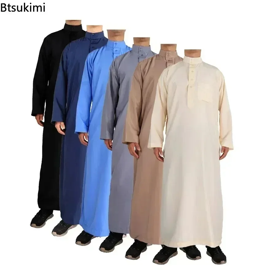 Nouveau 2026 musulman moyen-orient hommes à manches longues arabe col rond islamique couleur unie caftan Maxi dubaï Long Jubba Thobe Abaya vêtements