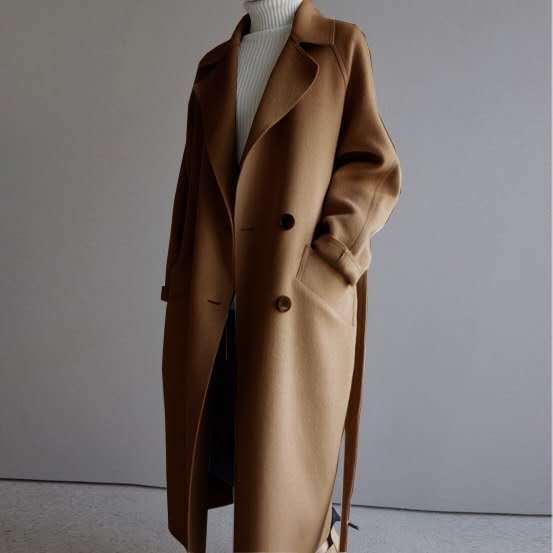 Nouveau Manteau Long en Laine à Double Boutonnage et Col Ample, Style Décontracté Français, Vêtement d'Extérieur Surdimensionné, Chaud pour l'Automne et l'Hiver, Vêtement Quotidien de Rue pour Femmes