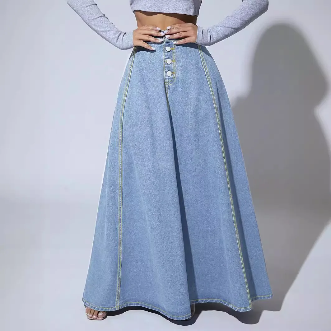 Jupe longue en jean pour femmes, ligne A, simple boutonnage, taille haute, Vintage, Maxi, Simple, décontractée, élégante, épissure, Streetwear Y2k
