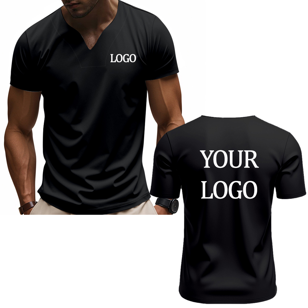 T-shirt à col en V imprimé personnalisé DIY, T-shirt à manches courtes pour hommes à la mode, haut streetwear élégant et décontracté, vêtements quotidiens.