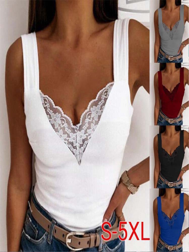 Femmes col en v profond dentelle gilet Sexy T-shirt coupe ajustée haut monochromatique mode été 2024