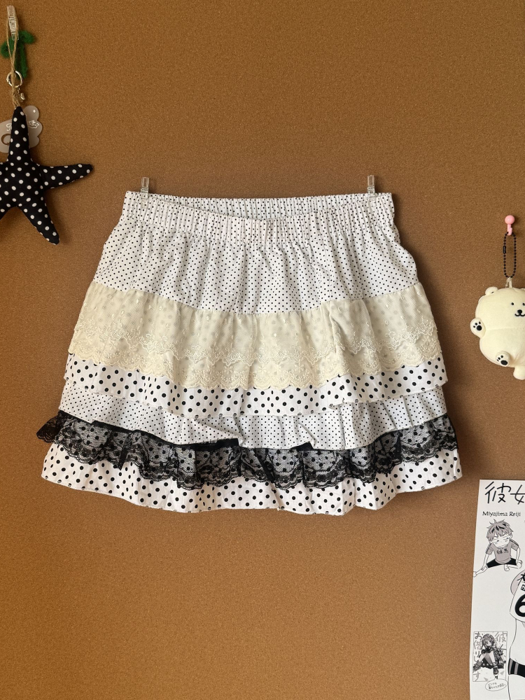 Jupe ample Lolita en dentelle douce pour femmes, jupe d'été japonaise, taille élastique, Patchwork, gâteau à pois, Hepburn, nouvelle jupe Vintage, 2025