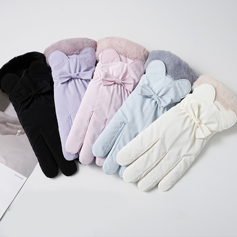 Gants chauds d'hiver pour femmes, en velours épais, imperméables, coupe-vent, nœud mignon, pour étudiant, cyclisme en plein air, écran tactile, gants de Ski