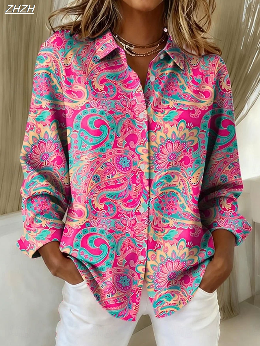 Chemise femme chemisier Paisley élégant élégant moderne à manches longues col de chemise hauts réguliers travail imprimé été printemps automne hiver