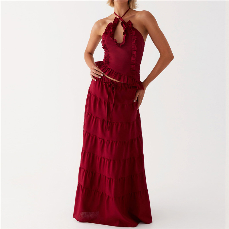 Ensemble jupe longue pour femmes Y2k, à volants, cravate au dos, sans manches, dos nu, haut col licou, jupe longue, vacances d'été, plage, tenues 2 pièces