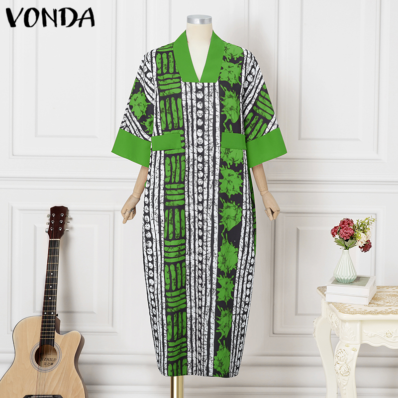 Grande taille 5XL VONDA Vintage Robe imprimée femmes été fête Maxi Robe col en v 3/4 manches décontracté surdimensionné bohème longue Robe