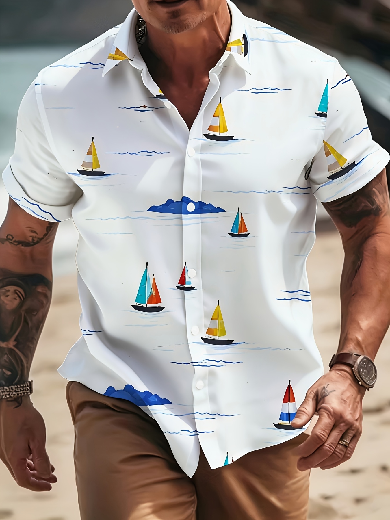 Chemise à manches courtes pour homme, imprimé voilier coloré, vagues océaniques, île, style hawaïen, vacances à la plage