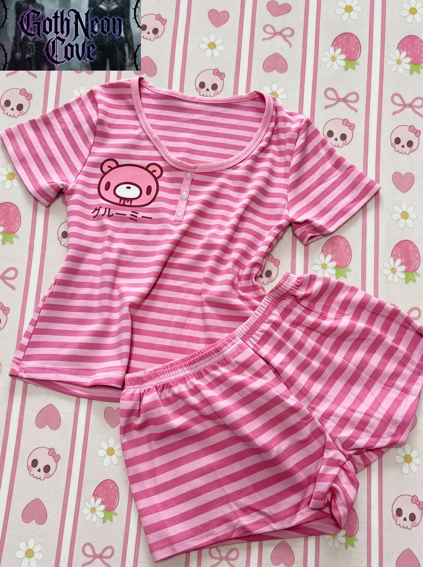 Ensemble 2 pièces japonais pour femme : T-shirt à manches courtes motif ours de dessin animé + Short ajusté à taille élastique, style Y2K Lounge rayé