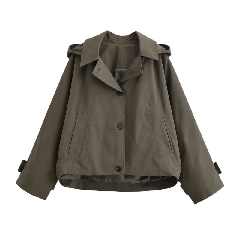 Veste coupe-vent à capuche style cape pour femme, décontractée, col à revers, manches longues, simple boutonnage, mode, coupe ample