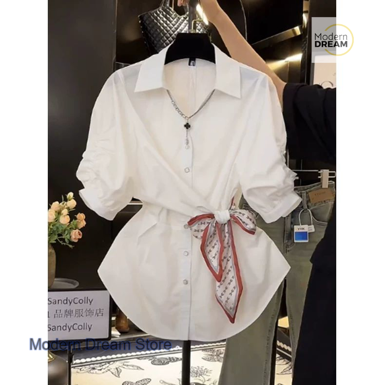 Chemise française en mousseline de soie blanche de haute qualité pour femmes, nouveau design de mode, manches courtes, foulard en soie, ceinture, haut de taille, été