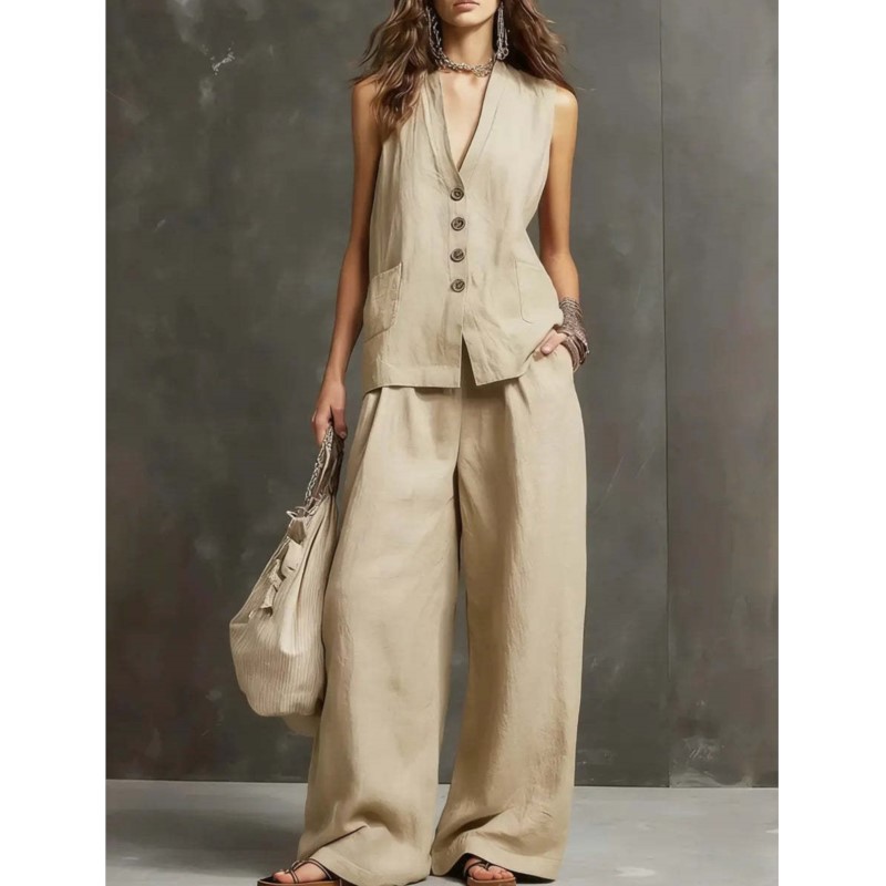 Ensemble deux pièces décontracté en lin et coton pour femme, style mode, avec haut gilet à col en V et pantalon large, idéal pour l'été