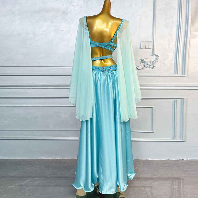 Costume de spectacle de danse du ventre pour femmes, ensemble de luxe élégant en mousseline de soie avec strass, tenue de compétition de danse du ventre orientale pour adultes