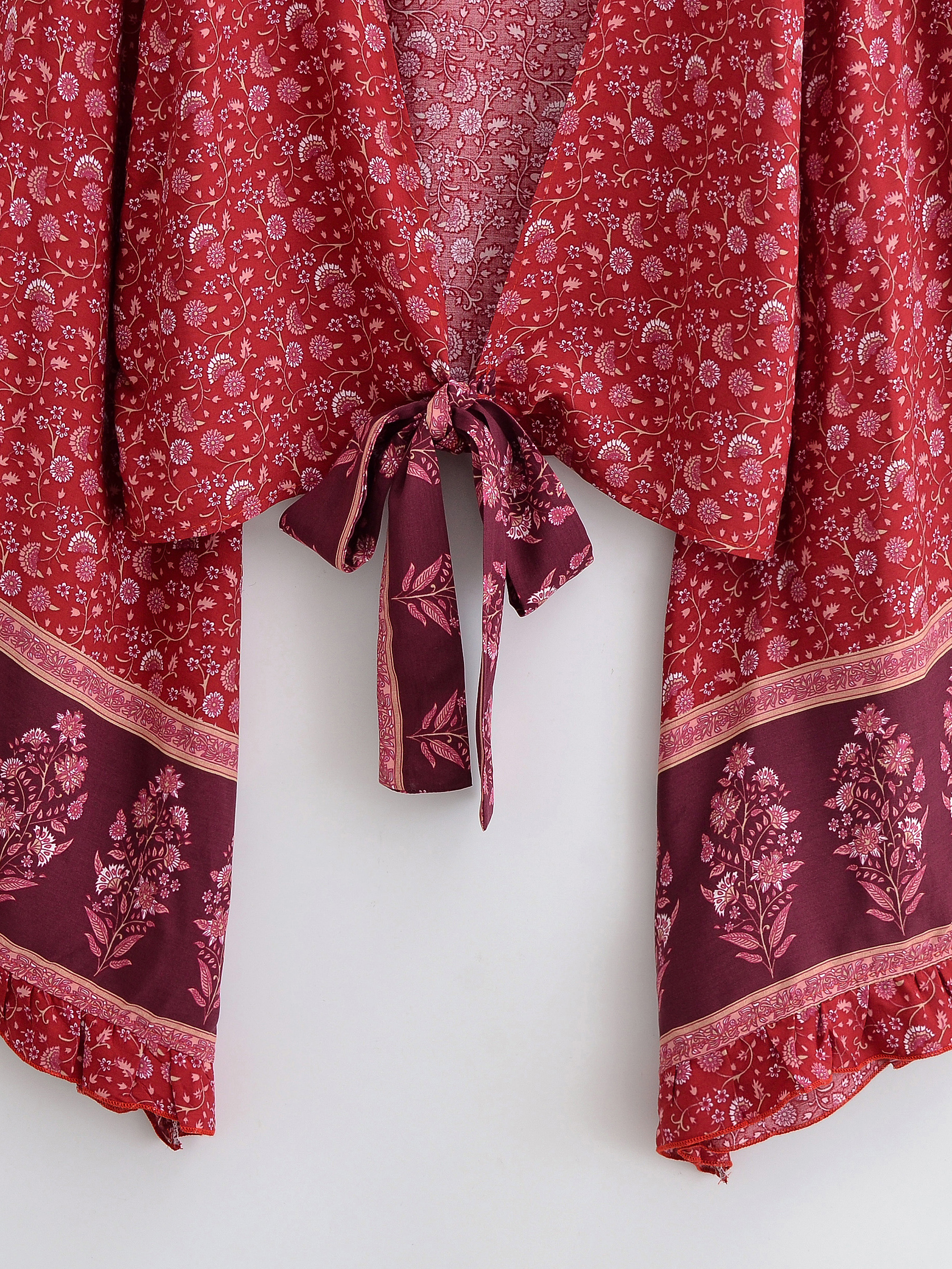Kimono Bohème à Imprimé Floral en Rayonne pour Femmes, Hauts de Vacances d'Été, Crop Top à Volants et Manches Évasées avec Nœud sur le Devant, Cache-maillots de Plage Bohème