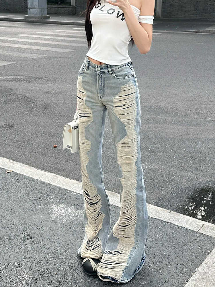 Été femmes Goblin Core Abi Grunge Cyber Punk Flare Jean Y2k japonais Harajuku taille basse déchiré Denim pantalon 2000s cloche-bas