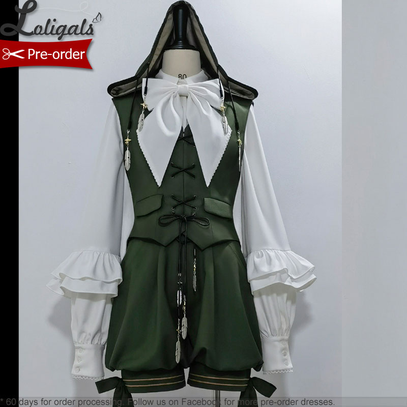 Ouji Lolita tenue rétro vigne vert longue oreille de lapin gilet à capuche/shorts bloomer Cosplay/ Cape à pompon par princesse chroniques