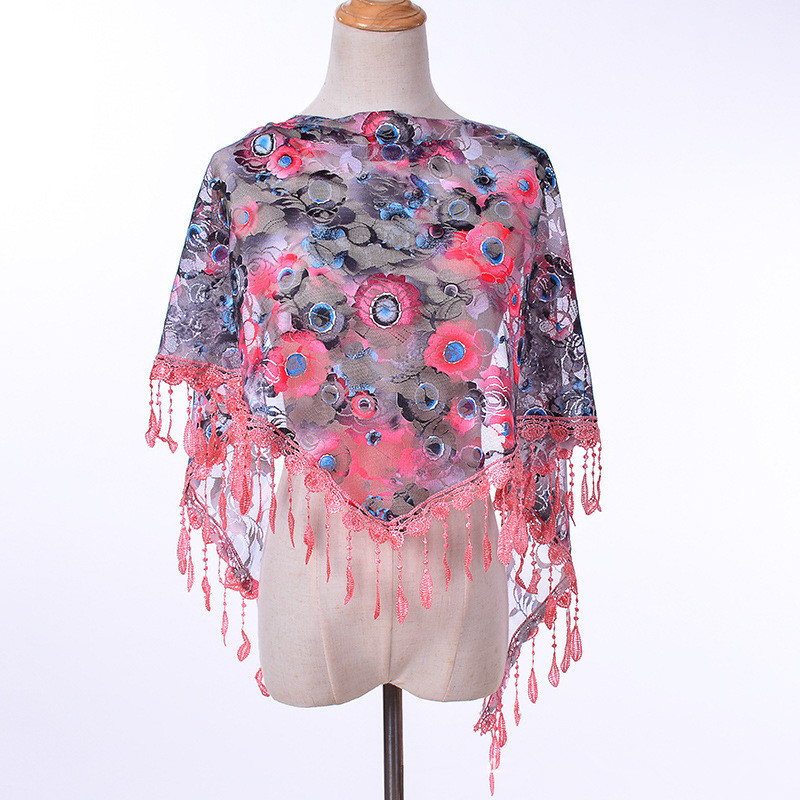 Écharpe triangulaire en dentelle avec pompon pour femmes musulmanes, châle à fleurs, élégant et respirant, accessoires d'extérieur pour mariage, 50x150cm, nouvelle collection
