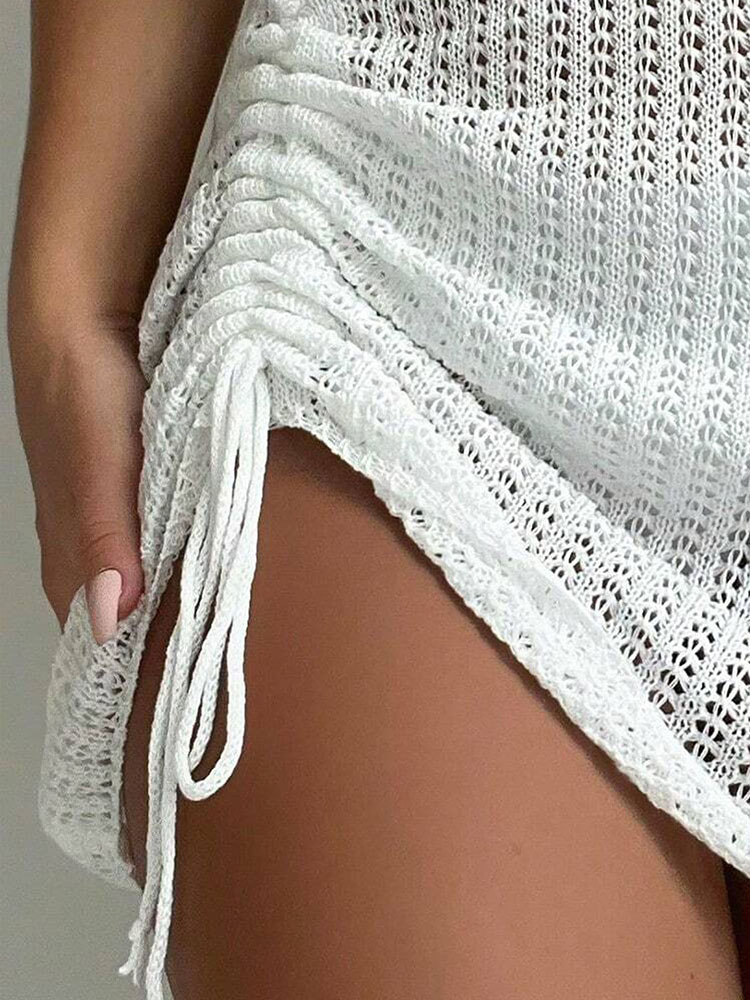 Jupe courte élégante et tendance pour fête au bord de la piscine, avec jupe courte en tricot ajourée à cordon de serrage, pour la plage d'été