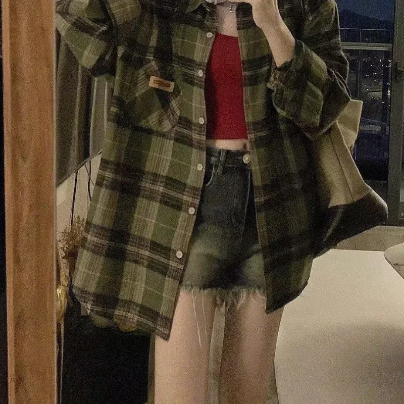 Chemise Tartan à manches longues pour femmes, col boutonné, surdimensionnée, à carreaux, veste Grunge, mode adolescente, tenue printemps été