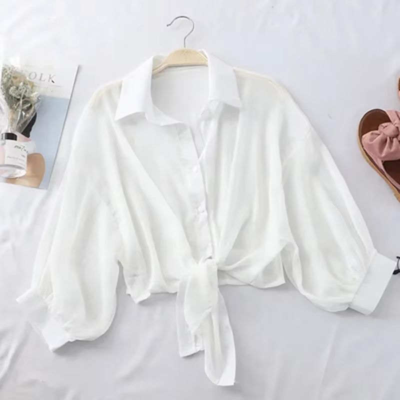 Chemises d'été en mousseline de soie pour femmes, manches mi-longues, boutonnées, ample, décontractée, taille nouée, chemisiers élégants, nouvelle collection