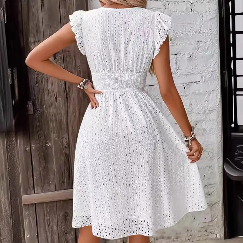 Robe femme dentelle Jacquard évider mince col en V taille élastique robe mi-longue vacances robes mi-longues pour un usage quotidien coréen