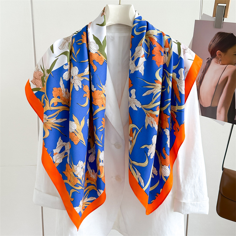 Foulard carré en soie de luxe à imprimé floral 90 cm pour femme, écharpe de créateur, châle, bandana, hijab, écharpe, bandeau, ruban à nouer