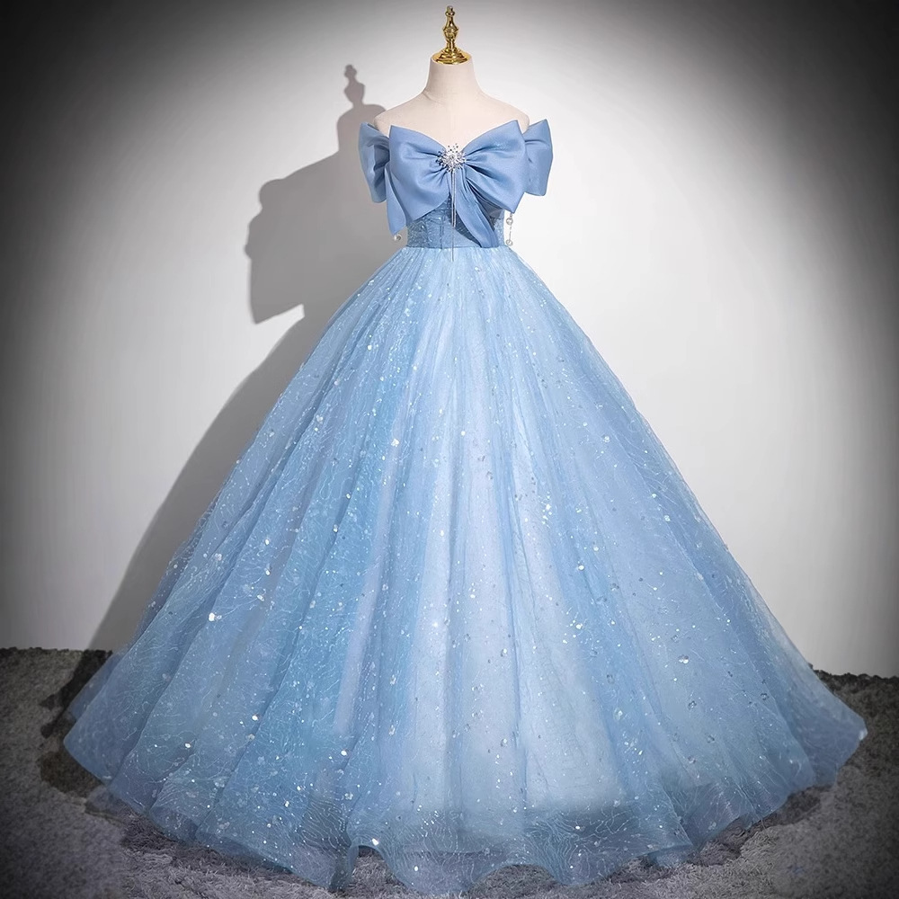Robe de soirée élégante en Tulle bleu pour femmes, asymétrique épaule dénudée, robe de mariée élégante pour cérémonie de recital de Piano