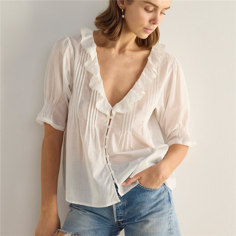 Chemisier Bohème à Volants et Manches Bouffantes pour Femme, Tunique en Mousseline de Soie avec Bordure en Dentelle et Boutons, Col en V, Style Peplum, Idéal pour les Vacances d'Été