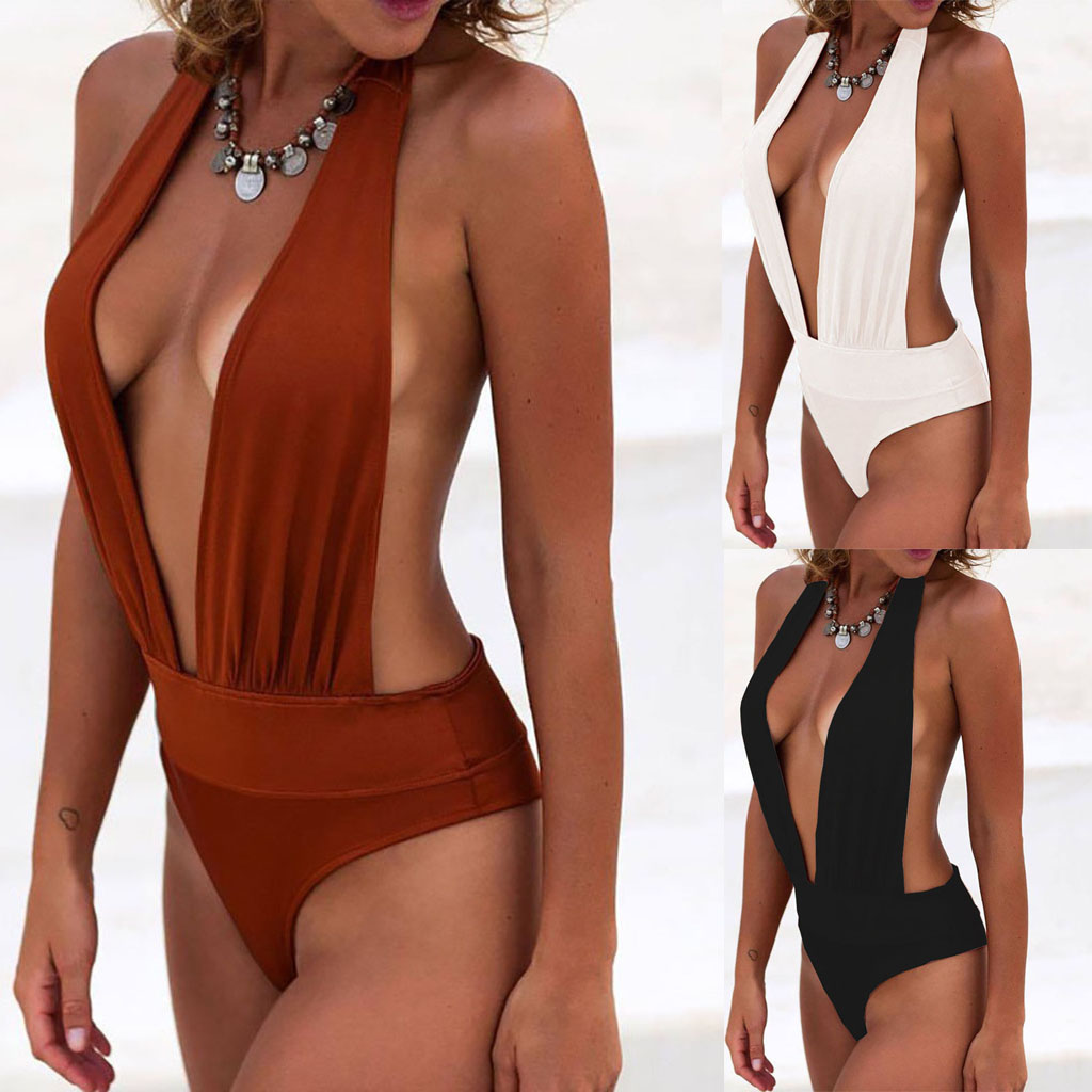 Maillot de bain une pièce sexy pour femme, style combinaison, dos nu, col en V, avec lanière tour de cou, pour les vacances à la plage