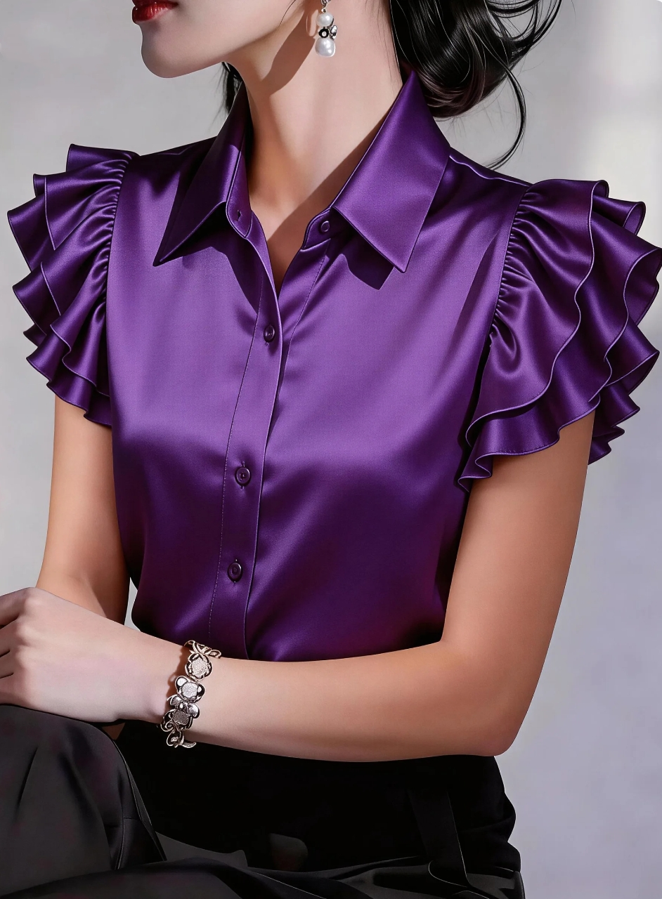 Chemisier en satin à volants et manches courtes pour femme, col chemise, boutonné