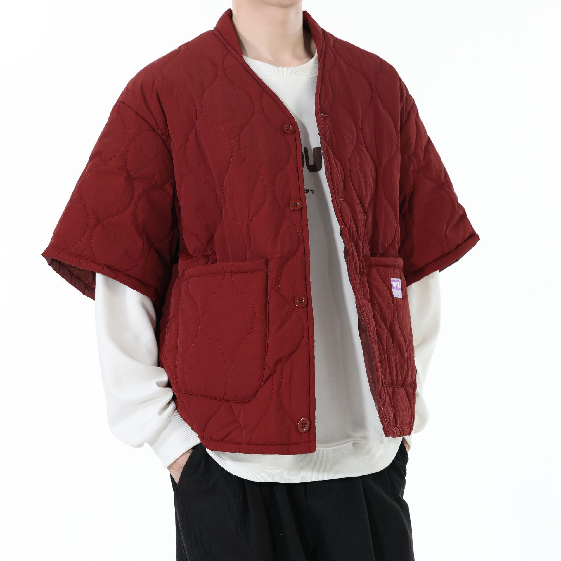 Veste rembourrée à manches mi-longues pour homme, Streetwear japonais, Harajuku, décontracté, épais, tendance, col en v, automne hiver