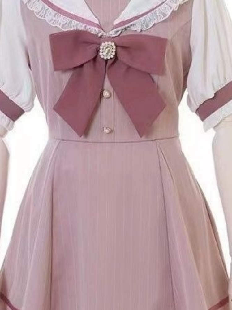 Robe japonaise faux deux pièces à carreaux pour femmes, en dentelle, Patchwork, fée Grunge, manches bouffantes, Y2k, esthétique JK, nœud doux