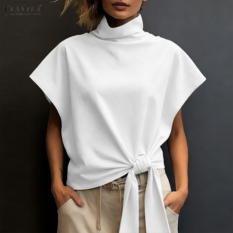 Chemisier d'été tendance 2026 ZANZEA – Chemise unie de bureau pour femme, col roulé, manches courtes, Blusas élégantes, hauts de vacances asymétriques à lacets