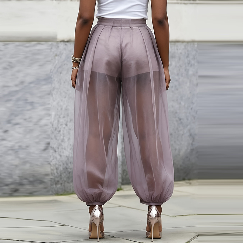 Pantalon long plissé pour femme, taille haute, couleur unie, en maille transparente, style lanterne, décontracté, pour le bureau et le streetwear