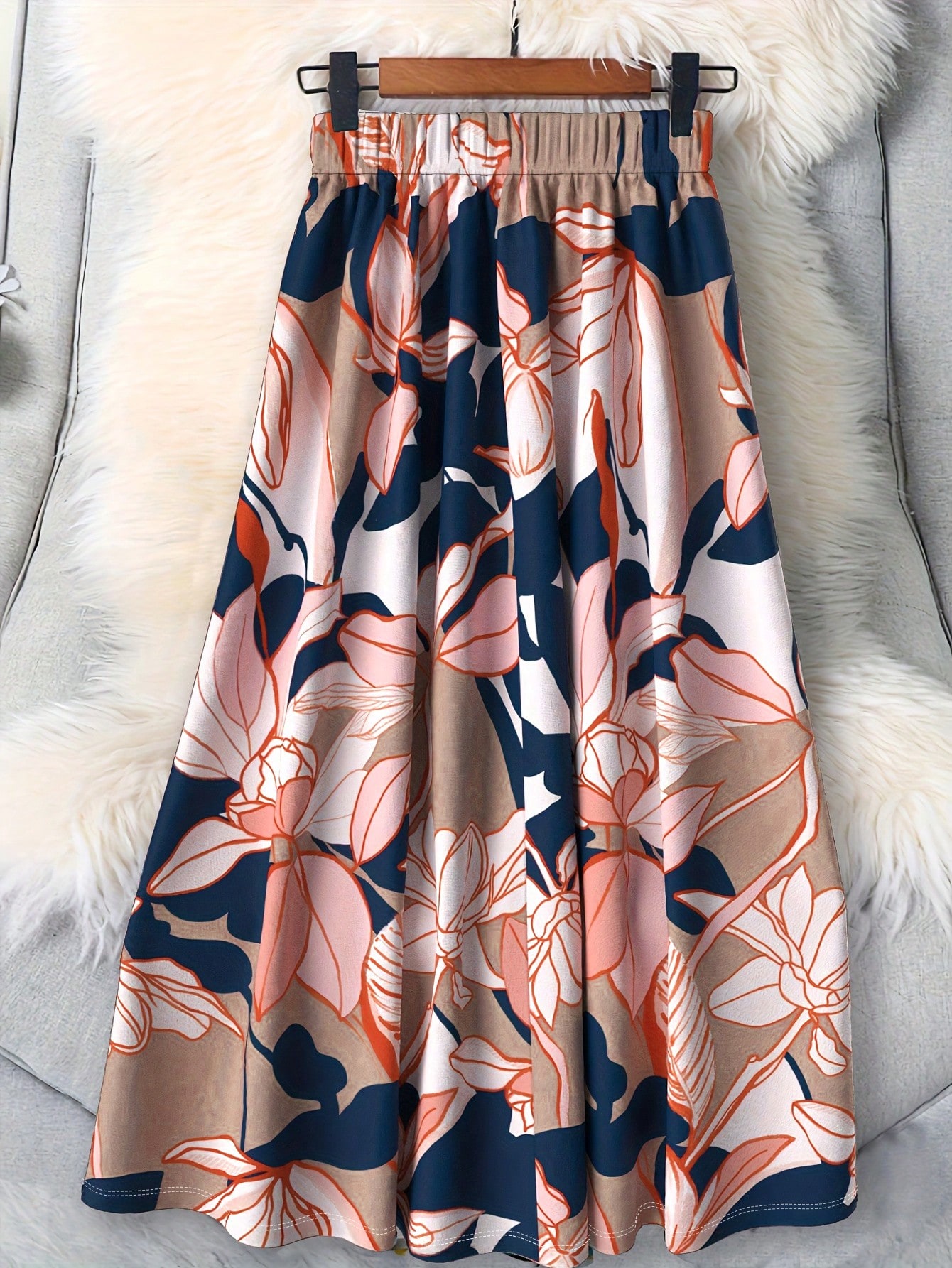 Jupe mi-longue à taille haute élastique à imprimé floral pour femmes, jupe plissée fluide, style bohème vintage élégant pour le bureau, printemps-été
