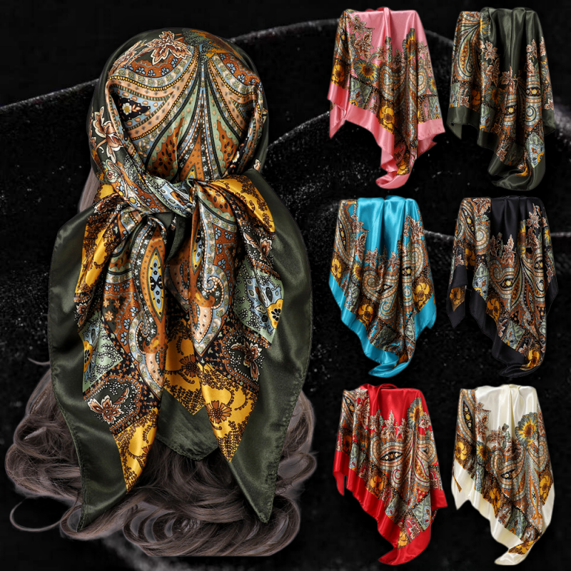 Foulard carré vintage en satin et rayonne, motif cachemire floral, tendance et polyvalent pour femme